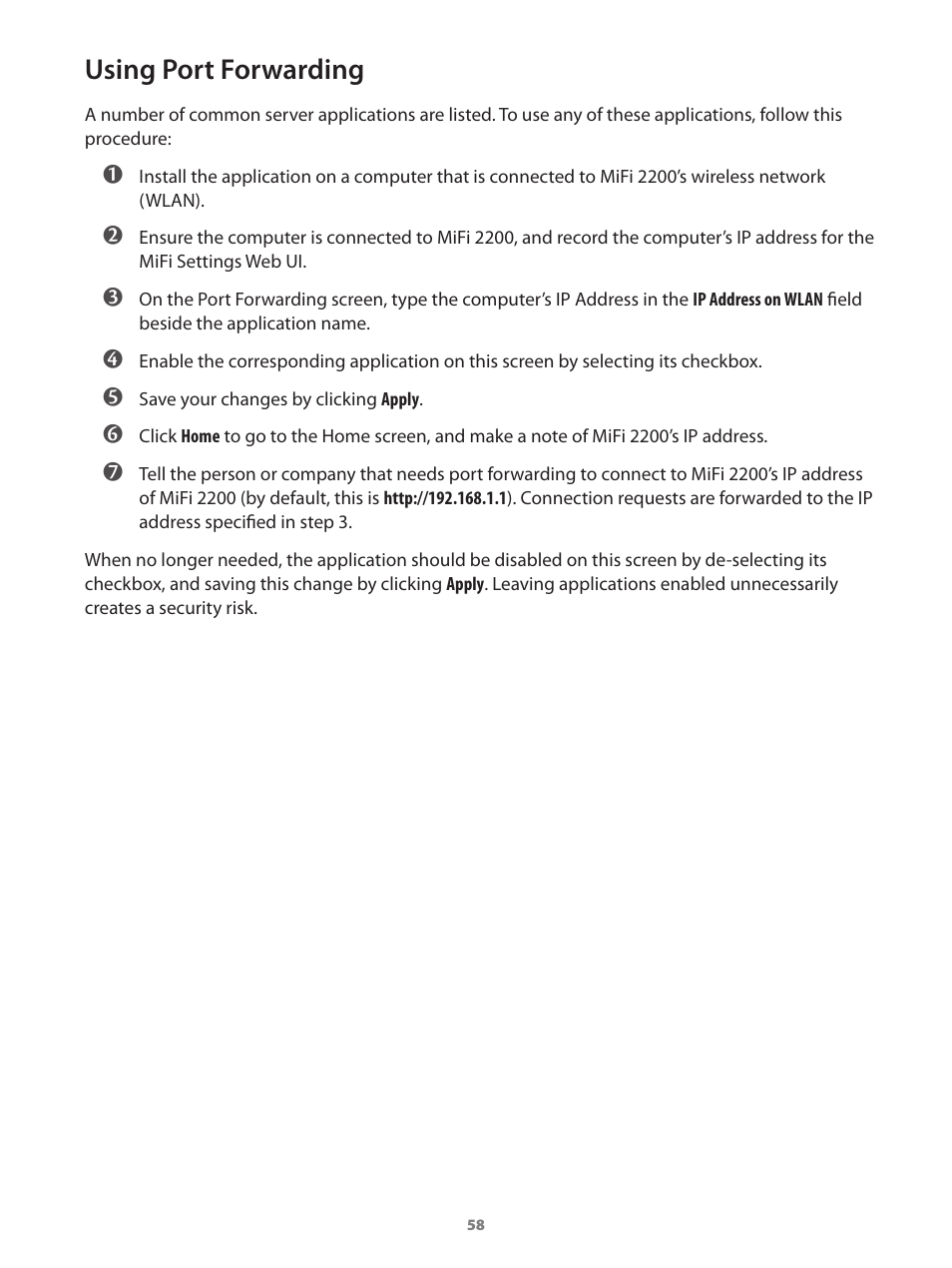 Using port forwarding | Verizon Wireless Intelligent Mobile Hotspot MiFi 2200 User Manual | Page 59 / 80