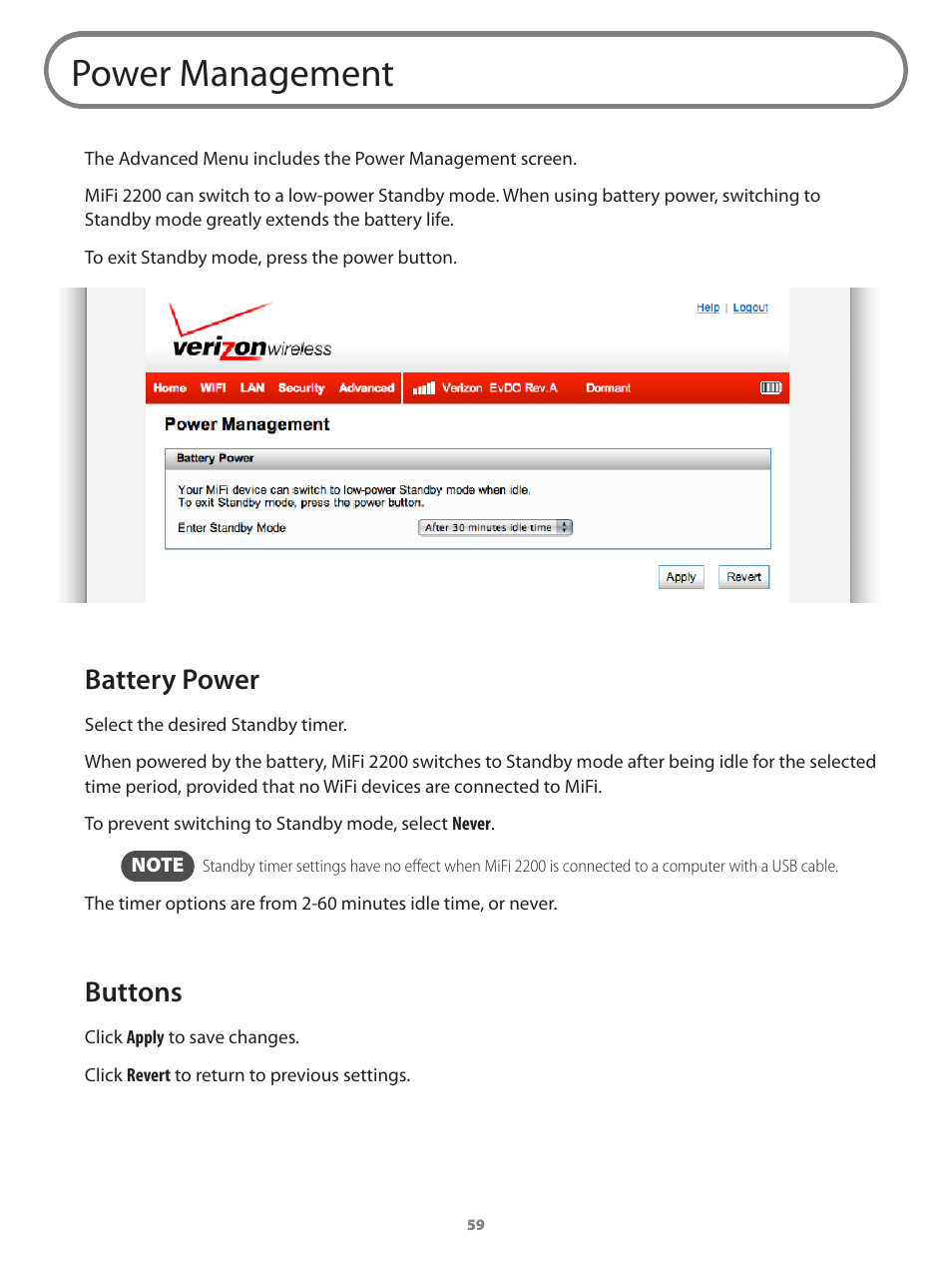 Power management, Battery power buttons, Power | Management, Battery power, Buttons | Verizon Wireless Intelligent Mobile Hotspot MiFi 2200 User Manual | Page 60 / 80