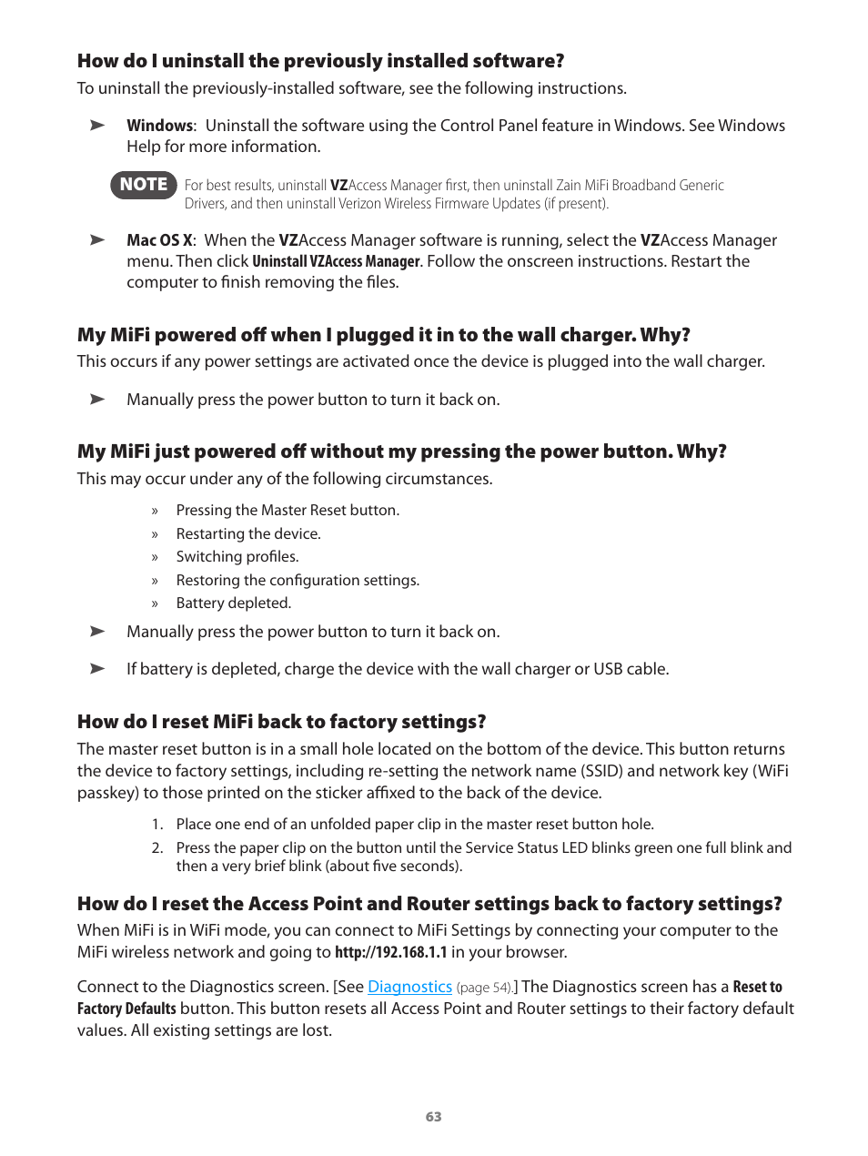 How do i reset mifi back to, Factory settings, How do i reset mifi back to factory settings | Verizon Wireless Intelligent Mobile Hotspot MiFi 2200 User Manual | Page 64 / 80