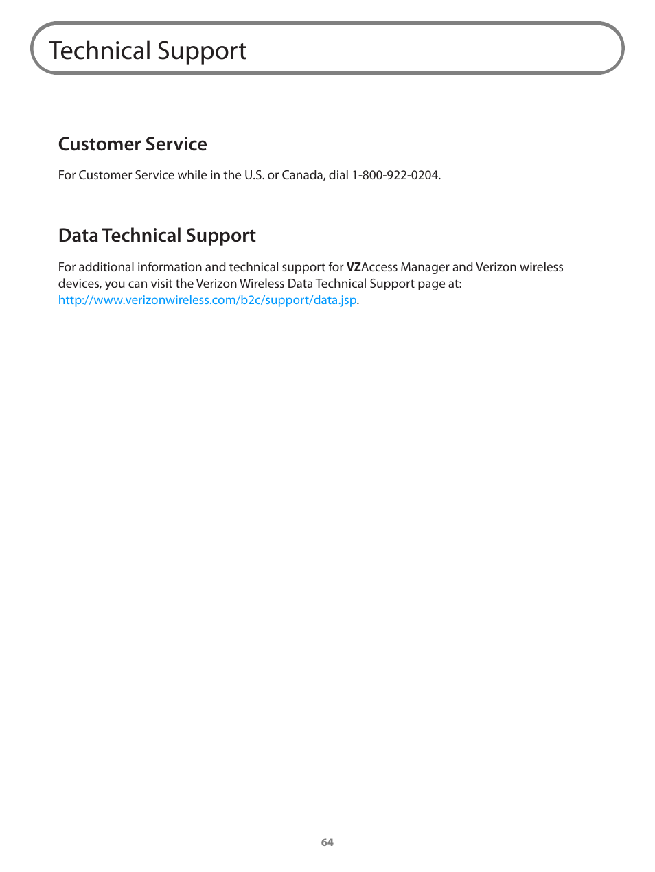 Technical support, Customer service data technical support, Customer service | Data technical support | Verizon Wireless Intelligent Mobile Hotspot MiFi 2200 User Manual | Page 65 / 80