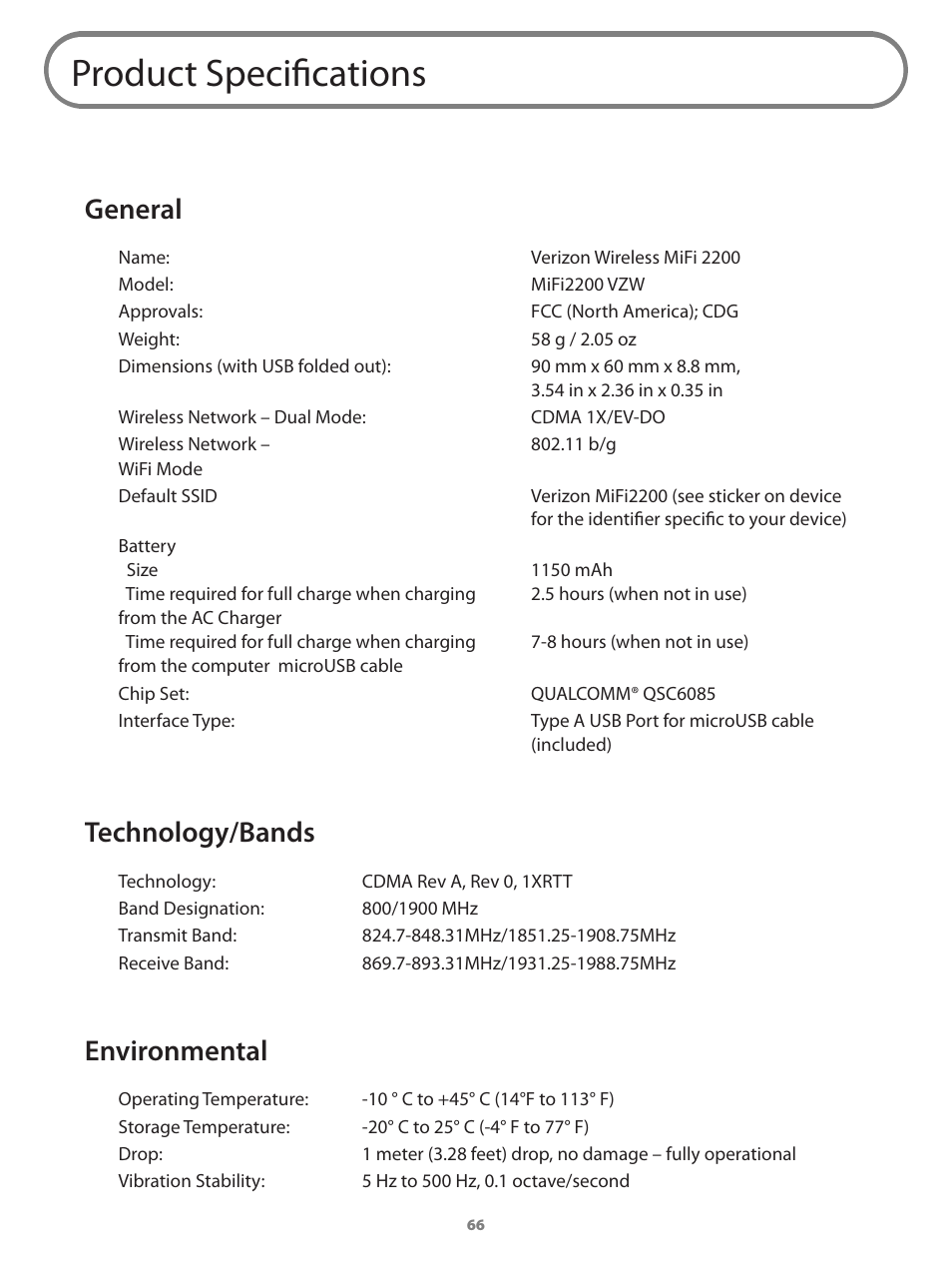 Product specifications, General technology/bands environmental, General | Technology/bands, Environmental | Verizon Wireless Intelligent Mobile Hotspot MiFi 2200 User Manual | Page 67 / 80