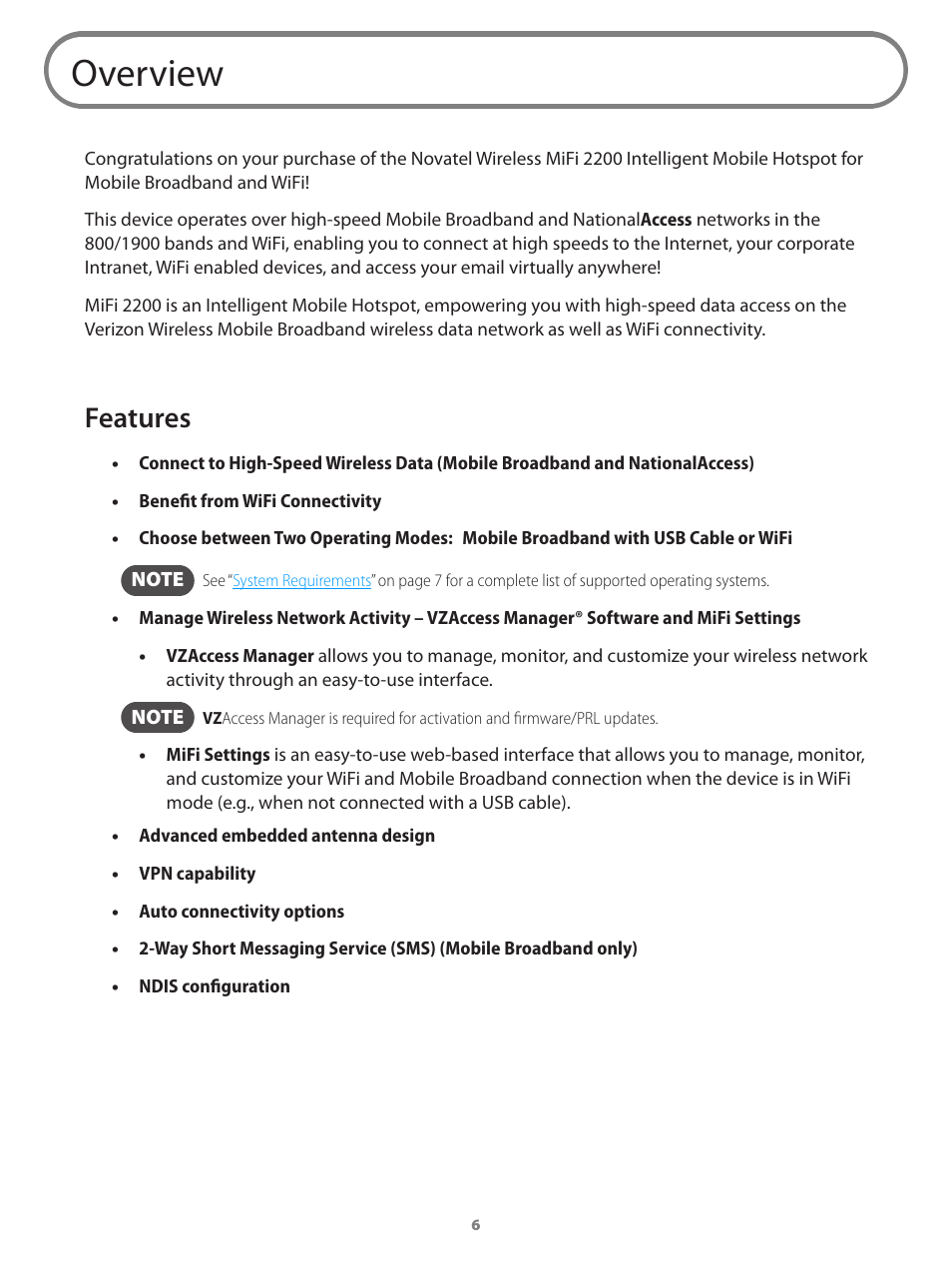 Overview, Features | Verizon Wireless Intelligent Mobile Hotspot MiFi 2200 User Manual | Page 7 / 80