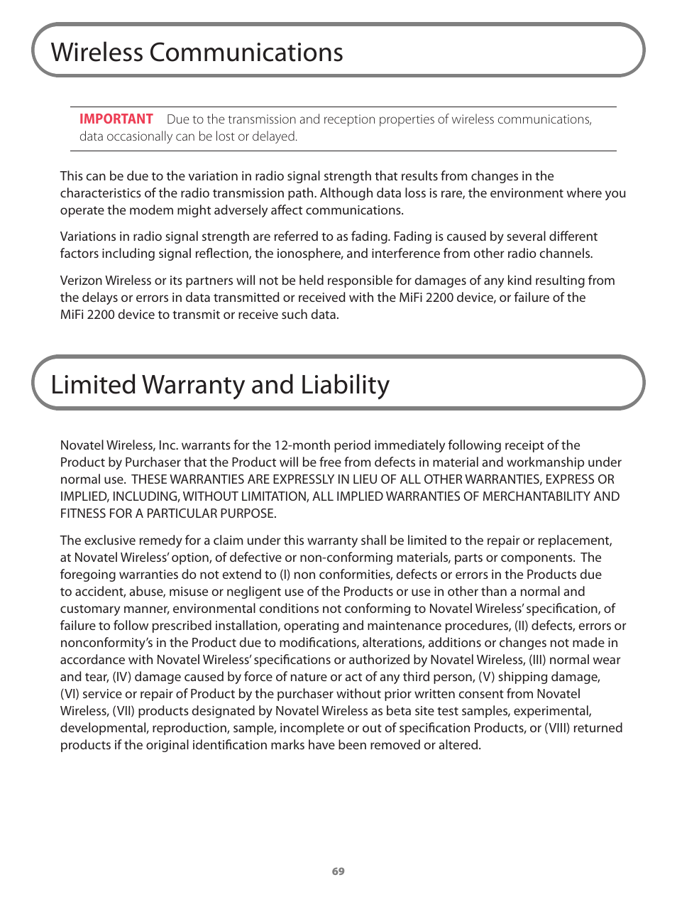 Wireless communications, Limited warranty and liability | Verizon Wireless Intelligent Mobile Hotspot MiFi 2200 User Manual | Page 70 / 80