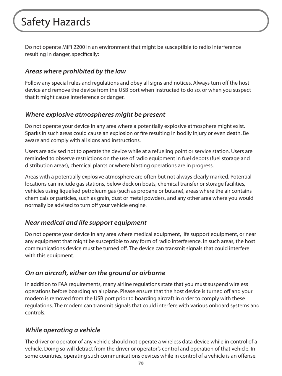 Safety hazards | Verizon Wireless Intelligent Mobile Hotspot MiFi 2200 User Manual | Page 71 / 80