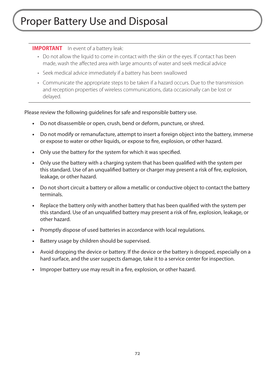 Proper battery use and disposal | Verizon Wireless Intelligent Mobile Hotspot MiFi 2200 User Manual | Page 73 / 80