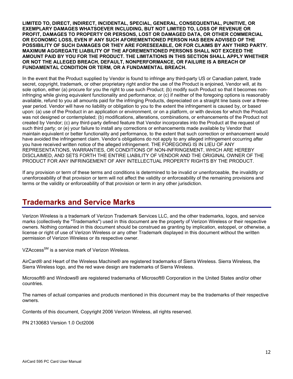 Trademarks and service marks | Verizon 595 User Manual | Page 12 / 12