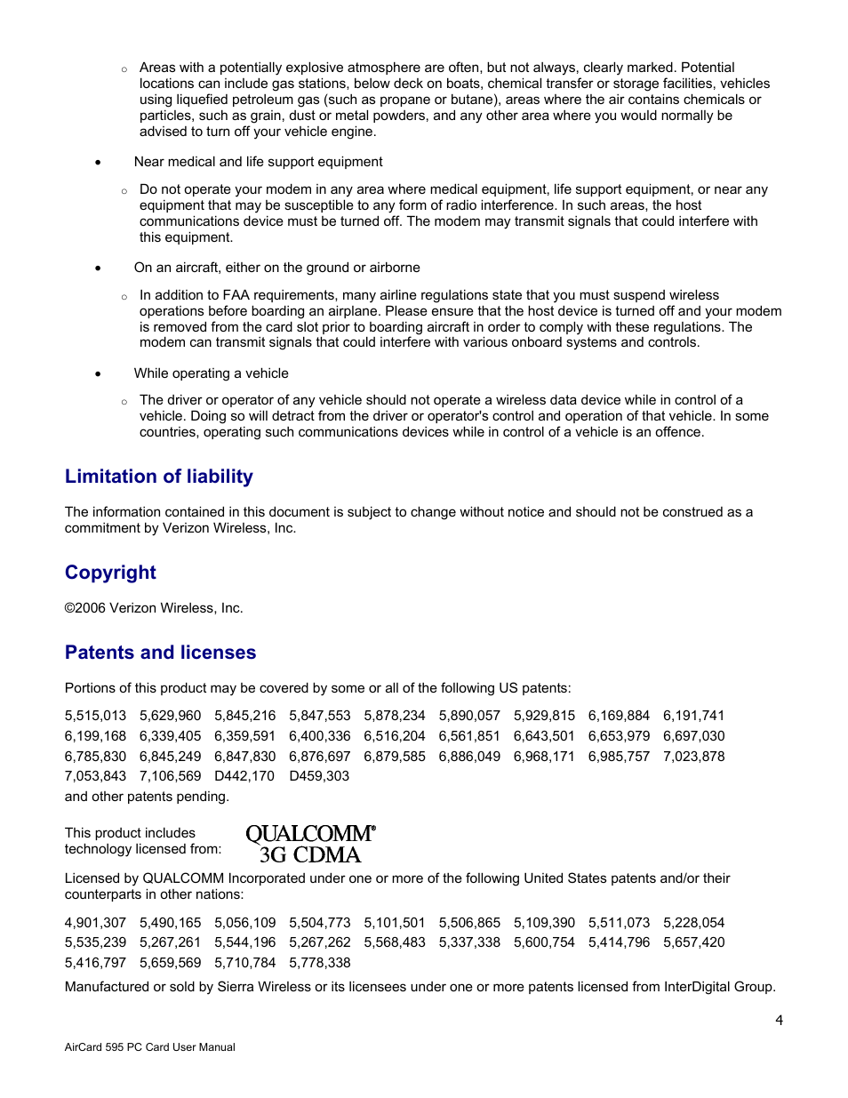 Limitation of liability, Copyright, Patents and licenses | Verizon 595 User Manual | Page 4 / 12