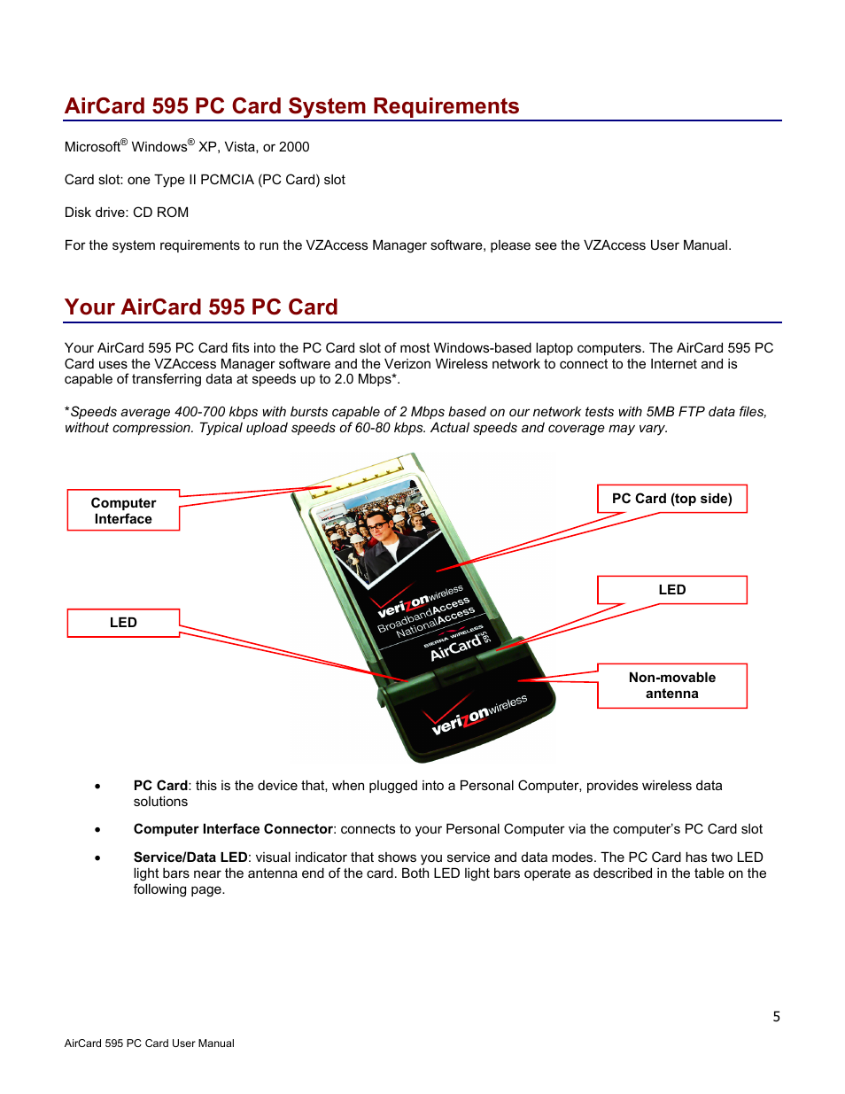 Aircard 595 pc card system requirements, Your aircard 595 pc card | Verizon 595 User Manual | Page 5 / 12