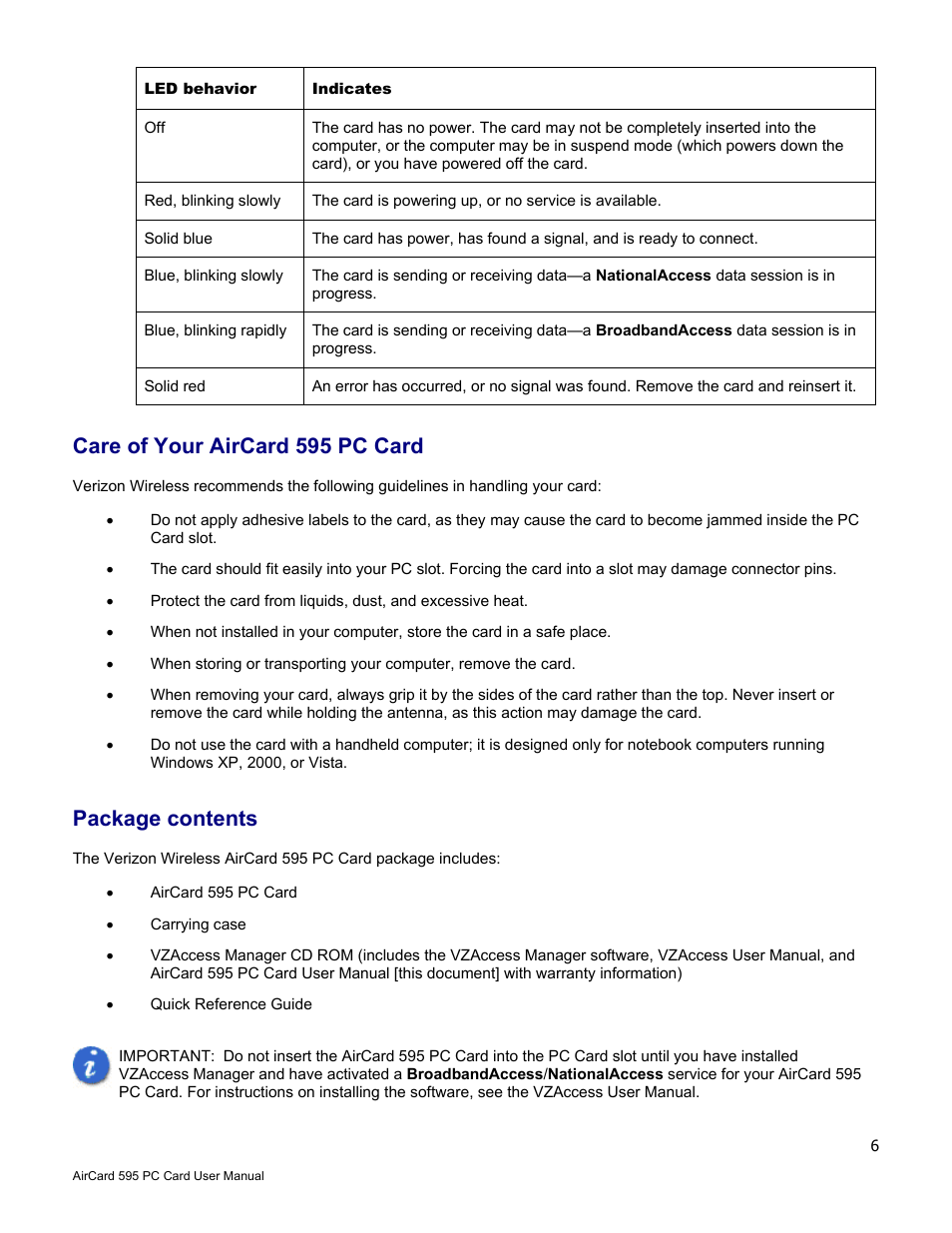 Care of your aircard 595 pc card, Package contents | Verizon 595 User Manual | Page 6 / 12