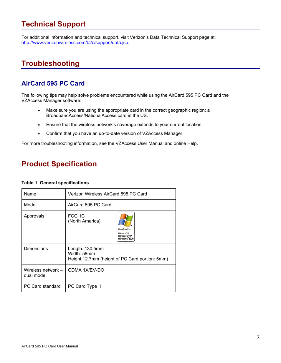 Technical support, Troubleshooting, Aircard 595 pc card | Product specification | Verizon 595 User Manual | Page 7 / 12