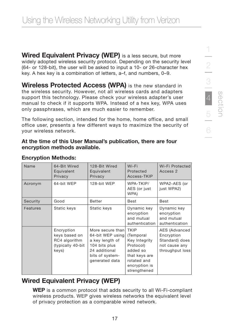 Using the wireless networking utility from verizon, Se c tio n, Wired equivalent privacy (wep) | Wireless protected access (wpa) | Verizon VZ4000 User Manual | Page 19 / 41