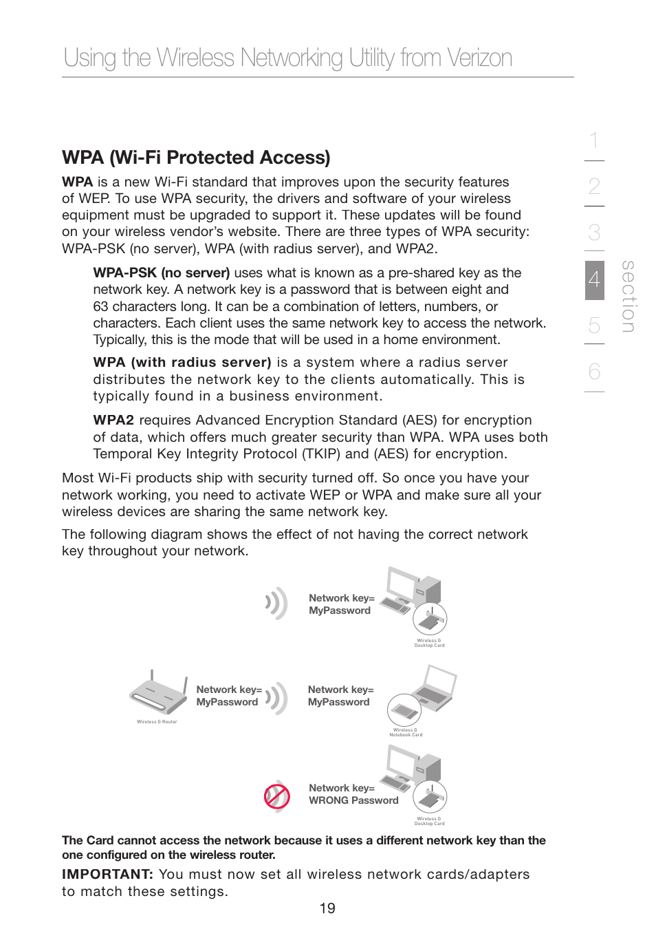 Using the wireless networking utility from verizon, Se c tio n, Wpa (wi-fi protected access) | Verizon VZ4000 User Manual | Page 21 / 41