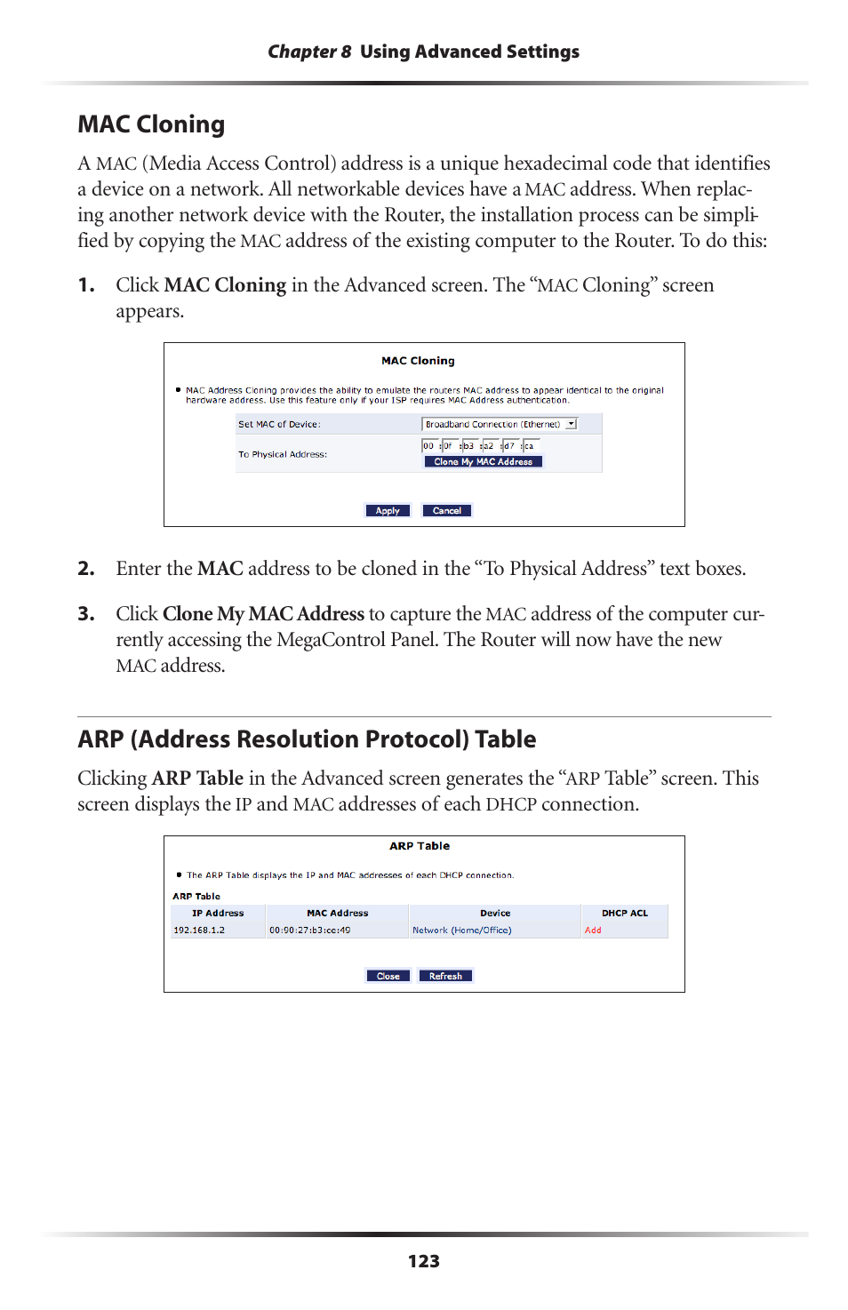 Mac cloning, Arp (address resolution protocol) table | Verizon MI424WR User Manual | Page 128 / 163