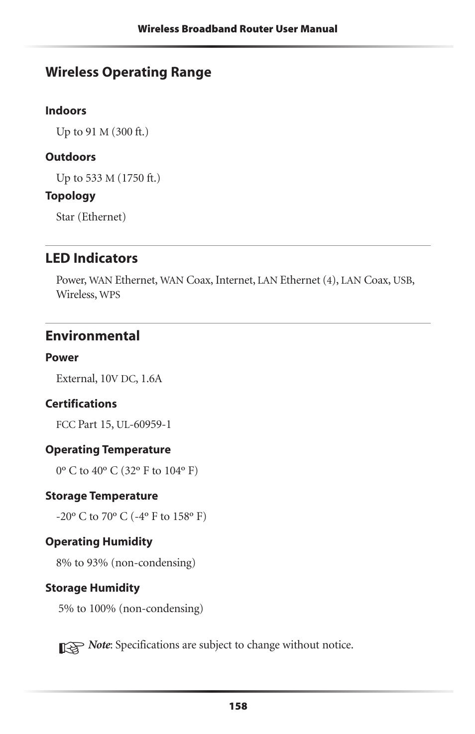 Wireless operating range, Led indicators, Environmental | Verizon MI424WR User Manual | Page 163 / 163