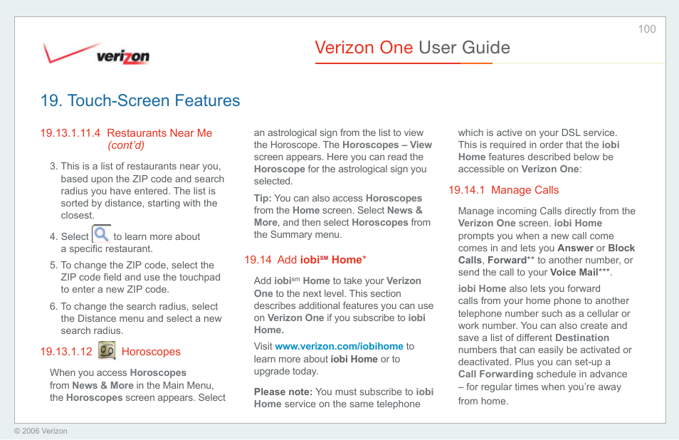 Horoscopes, Add iobi home, Manage calls | Verizon one user guide, Touch-screen features | Verizon One User Manual | Page 100 / 138