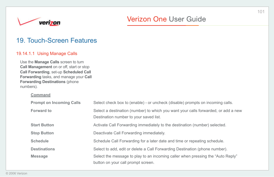 Using manage calls, Verizon one user guide, Touch-screen features | Verizon One User Manual | Page 101 / 138