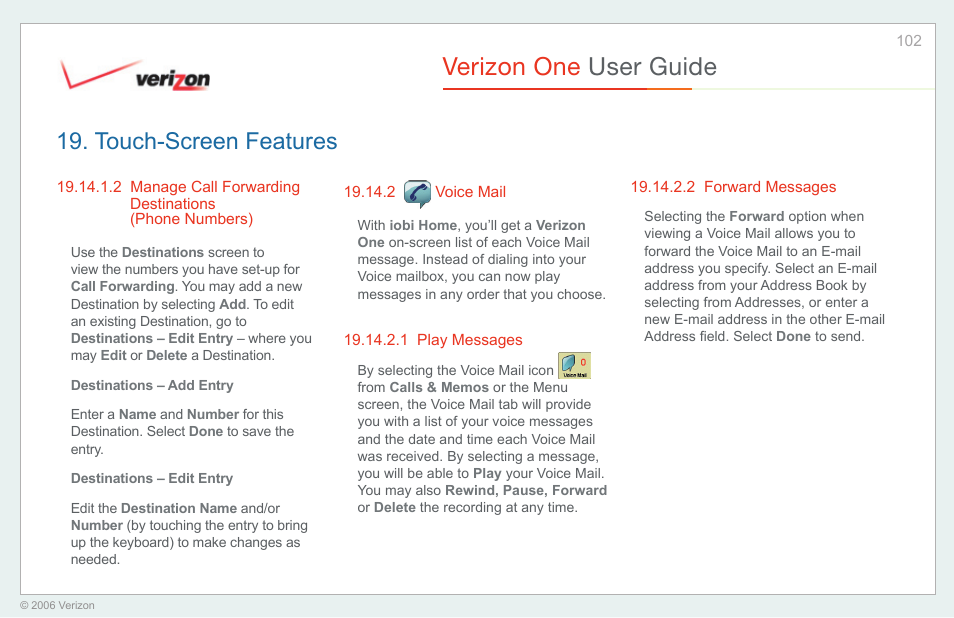 Manage call forwarding destination (phone numbers), Voice mail, Play messages | Forward messages, Verizon one user guide, Touch-screen features | Verizon One User Manual | Page 102 / 138