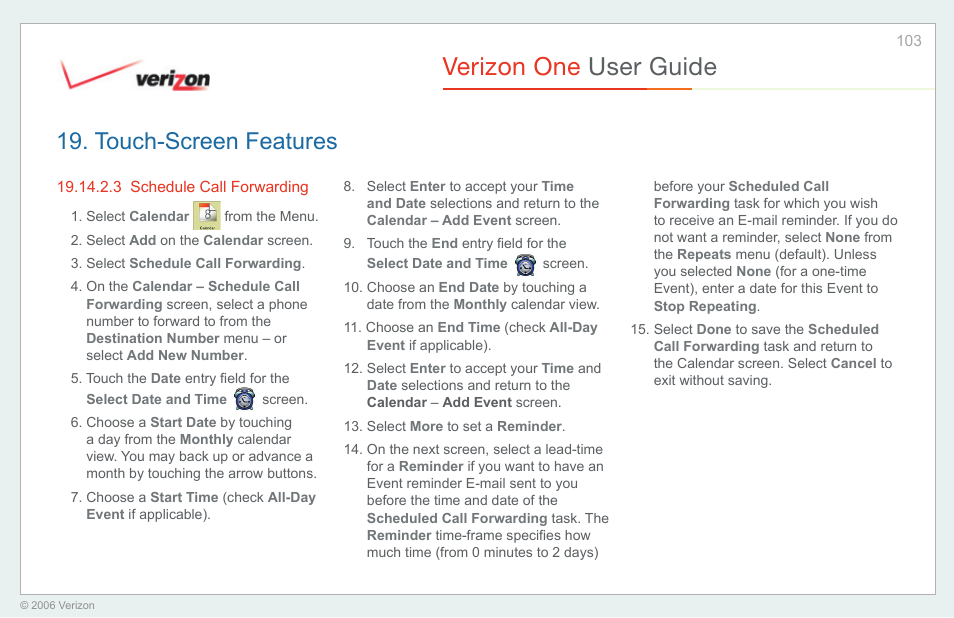 Schedule call forwarding, Verizon one user guide, Touch-screen features | Verizon One User Manual | Page 103 / 138