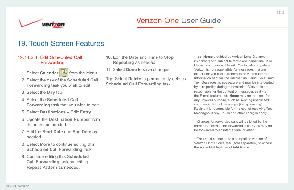 Edit call forwarding, Verizon one user guide, Touch-screen features | Verizon One User Manual | Page 104 / 138