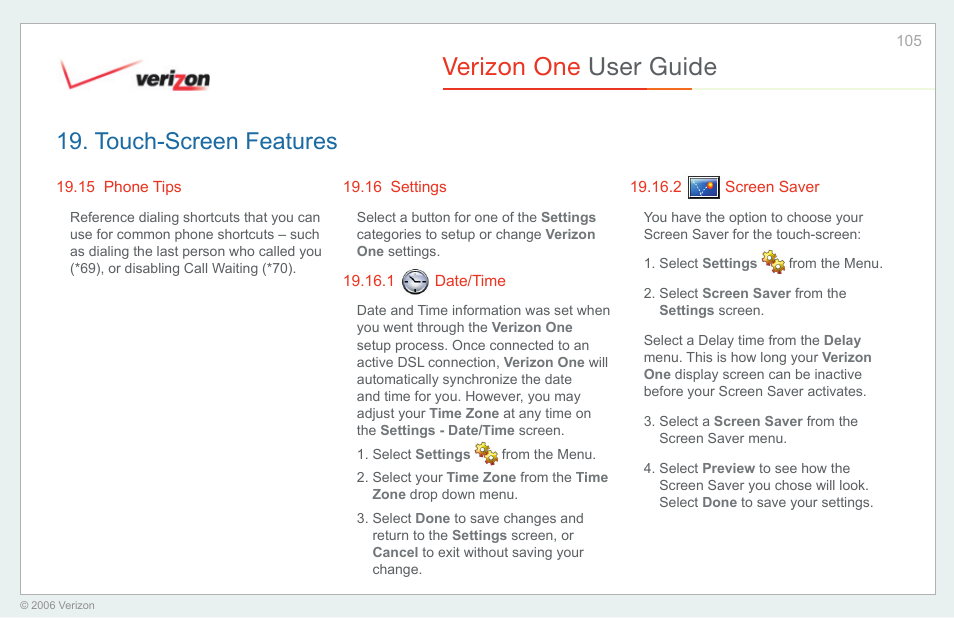 Phone tips, Settings, Date/time | Screen saver, Verizon one user guide, Touch-screen features | Verizon One User Manual | Page 105 / 138