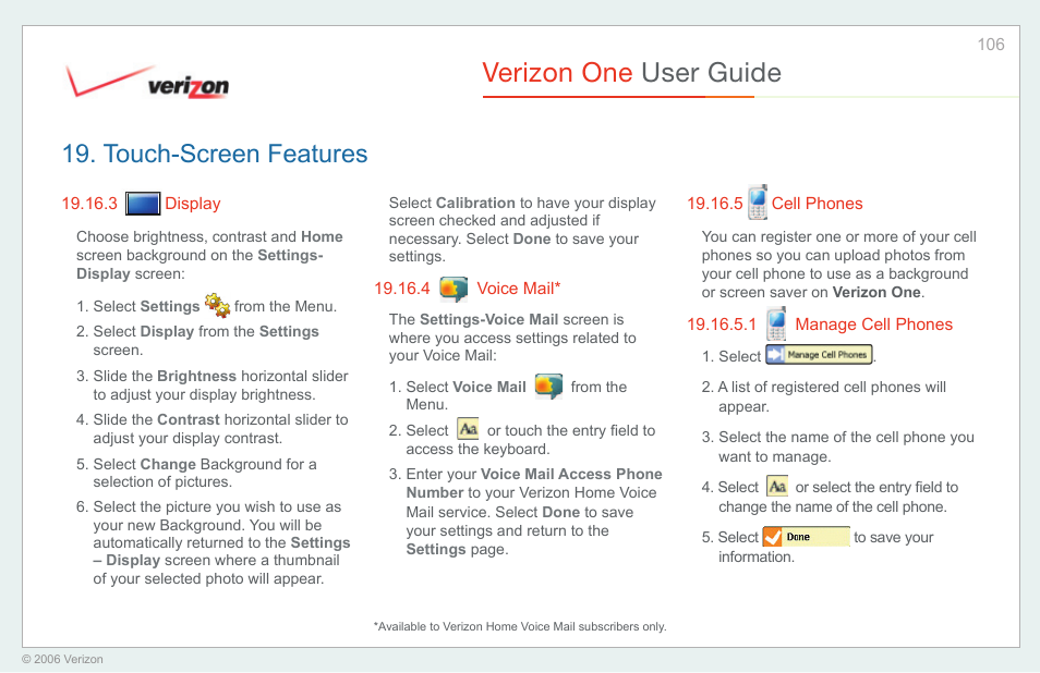 Display, Voice mail, Cell phones | Manage cell phones, Verizon one user guide, Touch-screen features | Verizon One User Manual | Page 106 / 138