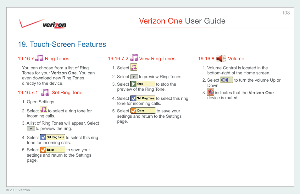 Ring tones, Set ring tones, View ring tones | Volume, Verizon one user guide, Touch-screen features | Verizon One User Manual | Page 108 / 138