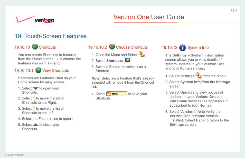 Shortcuts, View shortcuts, Choose shortcuts | System info, Verizon one user guide, Touch-screen features | Verizon One User Manual | Page 110 / 138