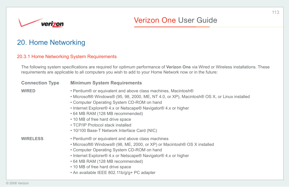 Home networking system requirements, Verizon one user guide, Home networking | Verizon One User Manual | Page 113 / 138