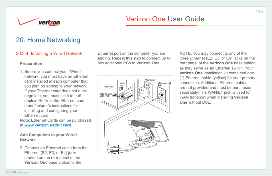 Installing a wired network, Verizon one user guide, Home networking | Verizon One User Manual | Page 118 / 138