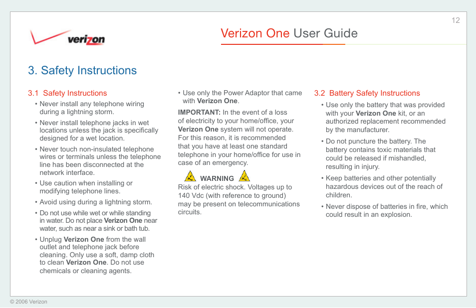 Safety instructions, Battery safety instructions, Verizon one user guide | Verizon One User Manual | Page 12 / 138