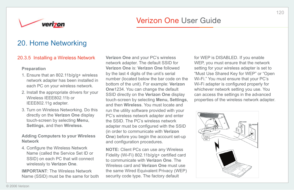 Installing a wireless network, Verizon one user guide, Home networking | Verizon One User Manual | Page 120 / 138