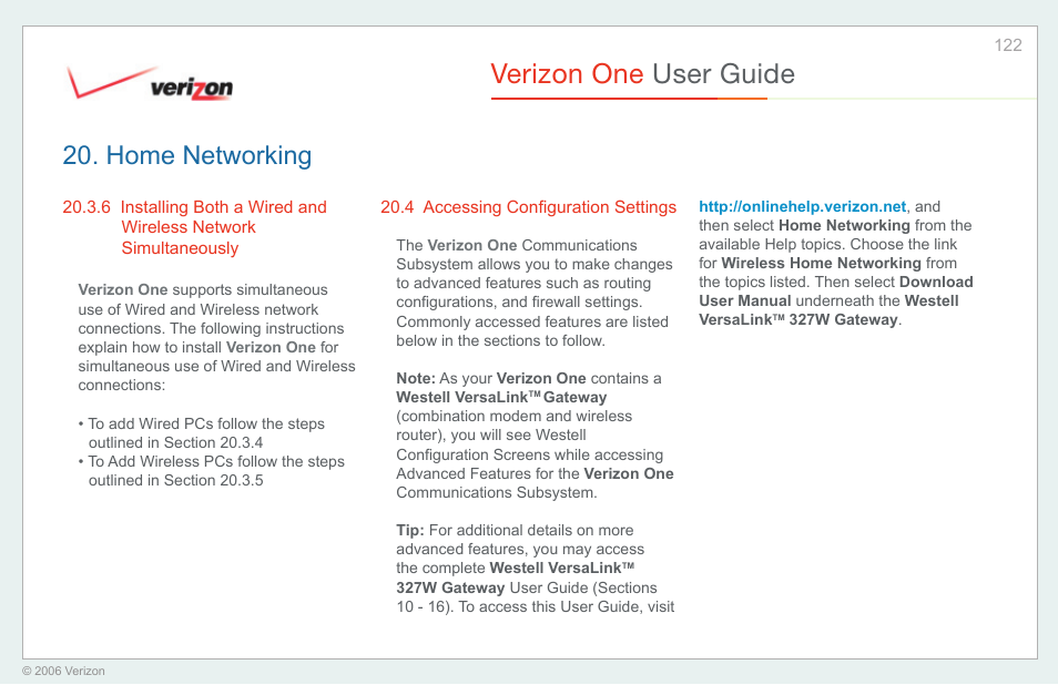 Accessing configuration settings, Verizon one user guide, Home networking | Verizon One User Manual | Page 122 / 138