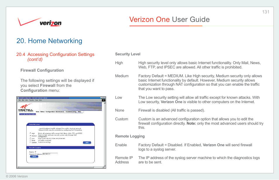 Verizon one user guide, Home networking | Verizon One User Manual | Page 131 / 138