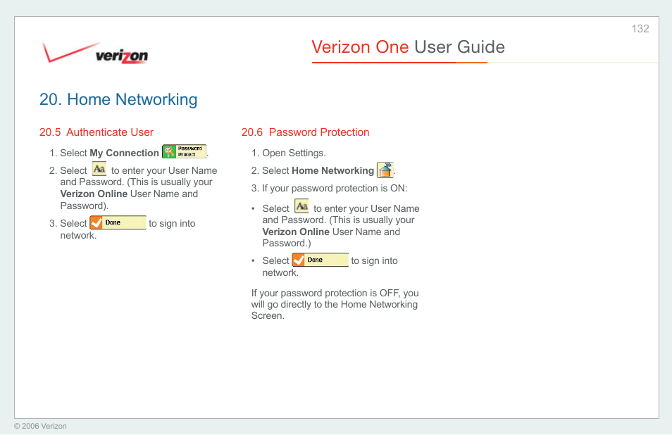 Authenticate user, Password protection, Verizon one user guide | Home networking | Verizon One User Manual | Page 132 / 138