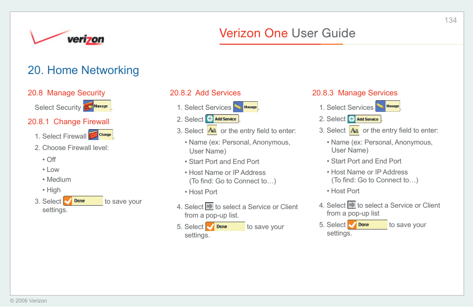 Manage security, Change firewall, Add services | Manage services, Verizon one user guide, Home networking | Verizon One User Manual | Page 134 / 138