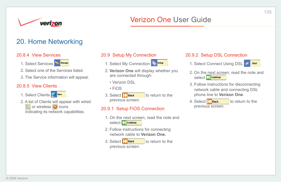 View services, View clients, Setup my connection | Setup fios connection, Setup dsl connection, Verizon one user guide, Home networking | Verizon One User Manual | Page 135 / 138