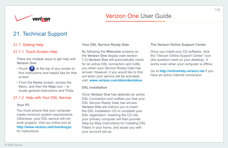 Technical support, Getting help, Touch-screen help | Help with your dsl service, Verizon one user guide | Verizon One User Manual | Page 136 / 138