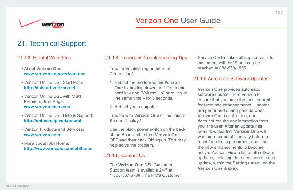 Helpful web sites, Important troubleshooting tips, Contact us | Automatic software updates, Verizon one user guide, Technical support | Verizon One User Manual | Page 137 / 138