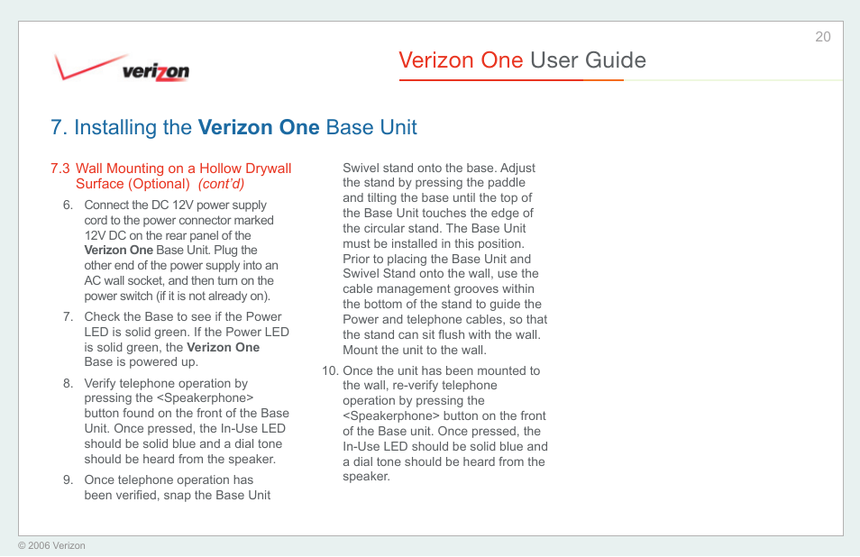 Verizon one user guide, Installing the verizon one base unit | Verizon One User Manual | Page 20 / 138