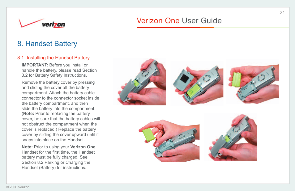 Handset battery, Installing the handset battery, Verizon one user guide | Verizon One User Manual | Page 21 / 138