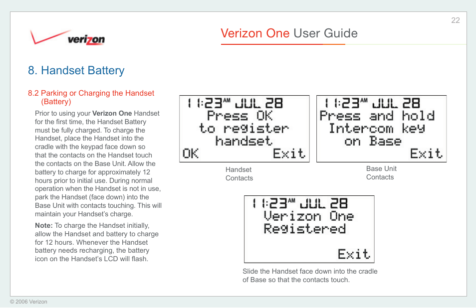 Parking or charging the handset (battery), Verizon one user guide, Handset battery | Verizon One User Manual | Page 22 / 138