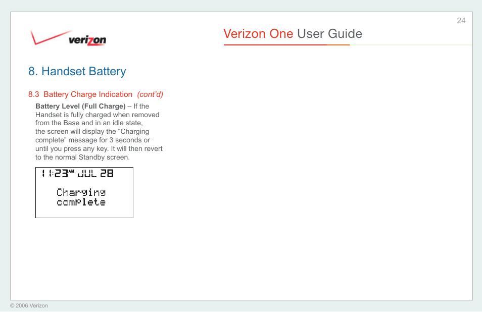 Verizon one user guide, Handset battery | Verizon One User Manual | Page 24 / 138