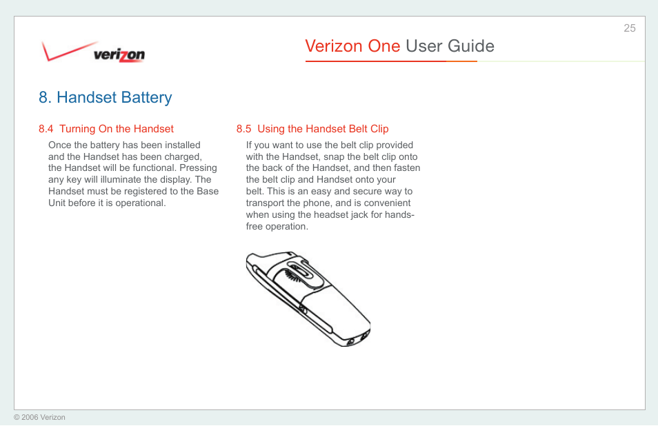 Turning on the handset, Using the handset belt clip, Verizon one user guide | Handset battery | Verizon One User Manual | Page 25 / 138