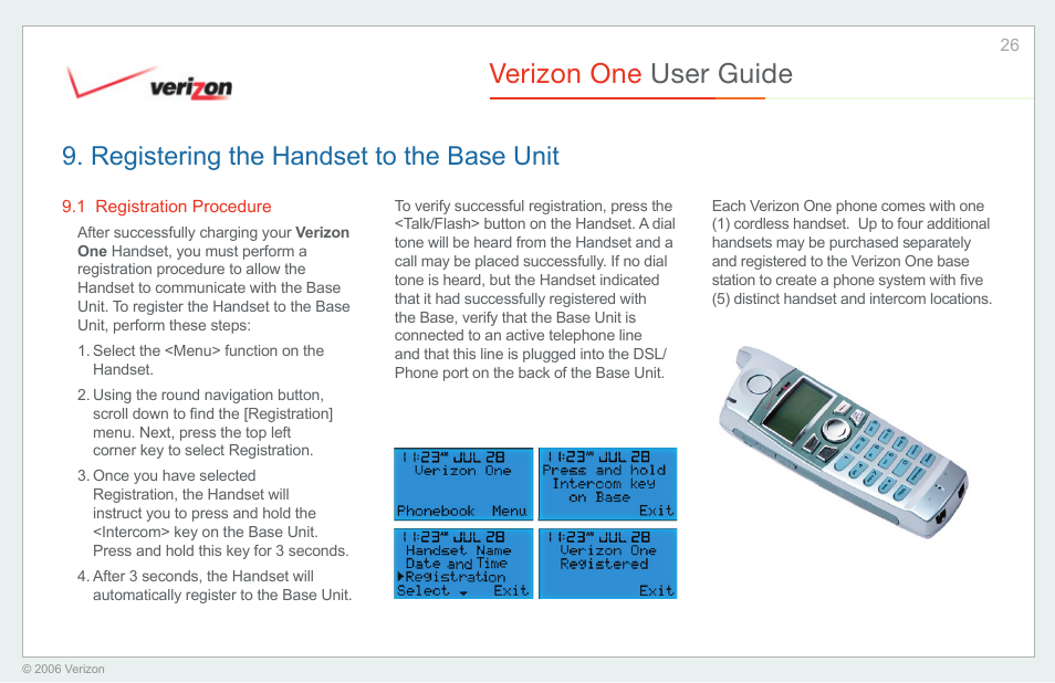 Registering the handset to the base unit, Registration procedure, Verizon one user guide | Verizon One User Manual | Page 26 / 138