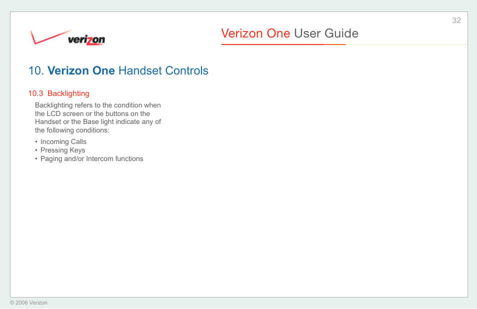 Backlighting, Verizon one user guide, Verizon one handset controls | Verizon One User Manual | Page 32 / 138