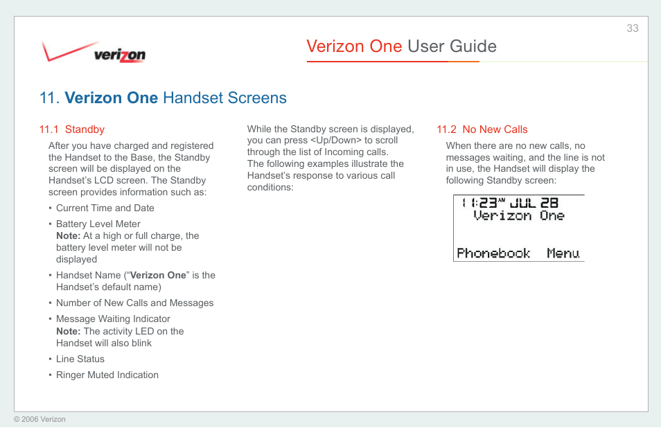 Verizon one handset screens, Standby, No new calls | Verizon one user guide | Verizon One User Manual | Page 33 / 138