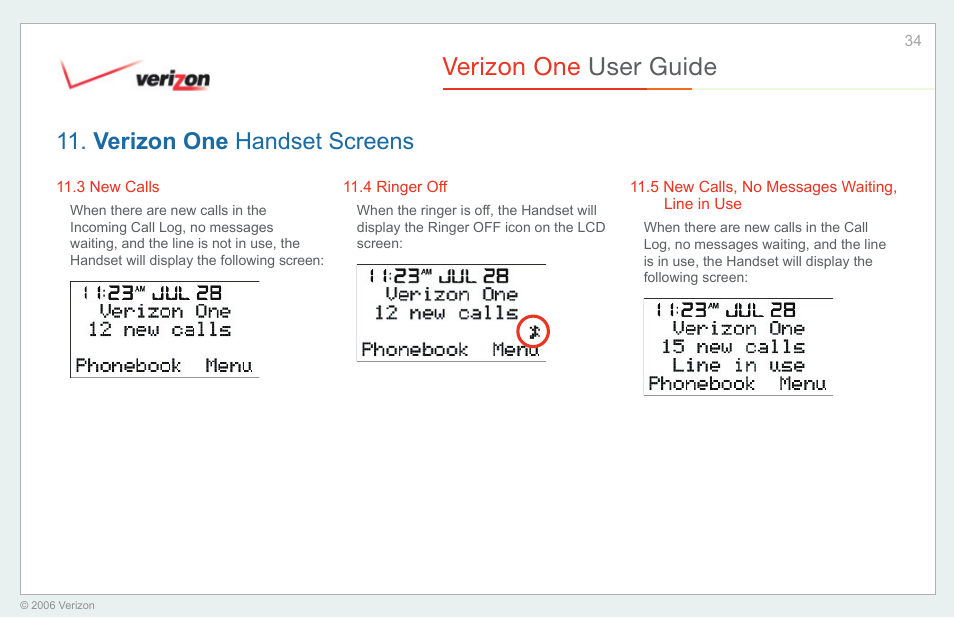 New calls, Ringer off, New calls, no messages waiting, line in use | Verizon one user guide, Verizon one handset screens | Verizon One User Manual | Page 34 / 138