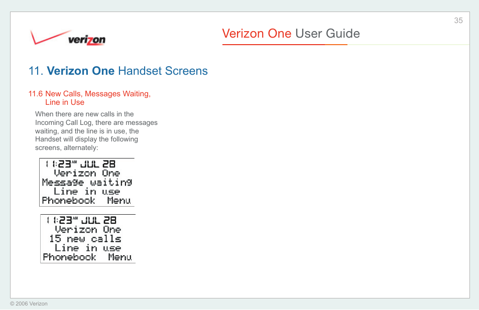 New calls, messages waiting, line in use, Verizon one user guide, Verizon one handset screens | Verizon One User Manual | Page 35 / 138