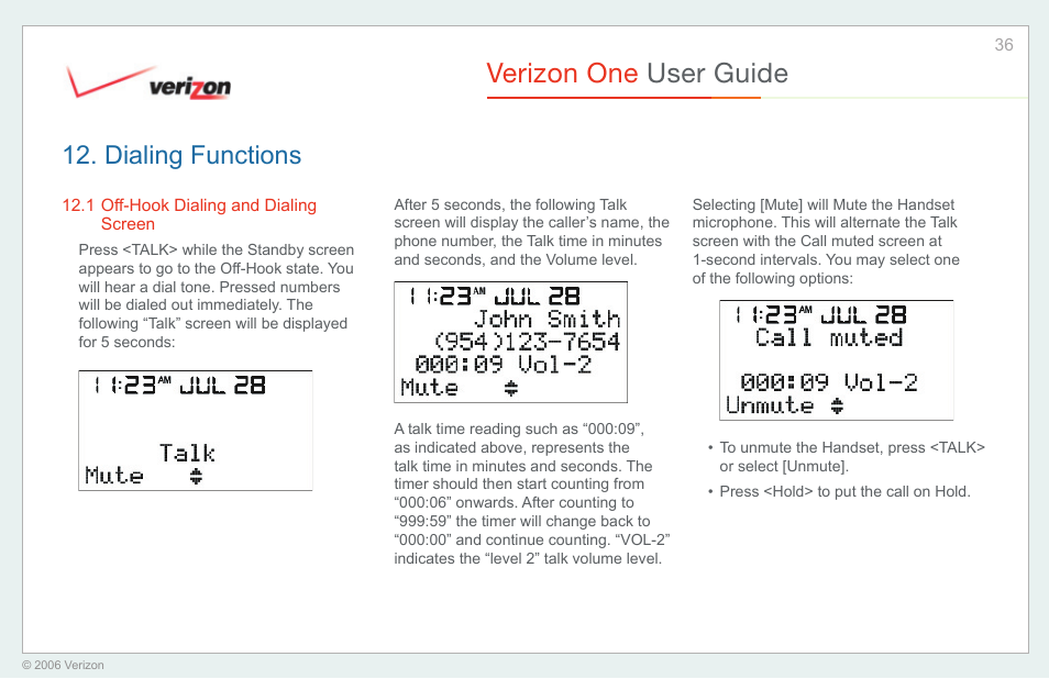 Dialing functions, Off-hook dialing and dialing screen, Verizon one user guide | Verizon One User Manual | Page 36 / 138