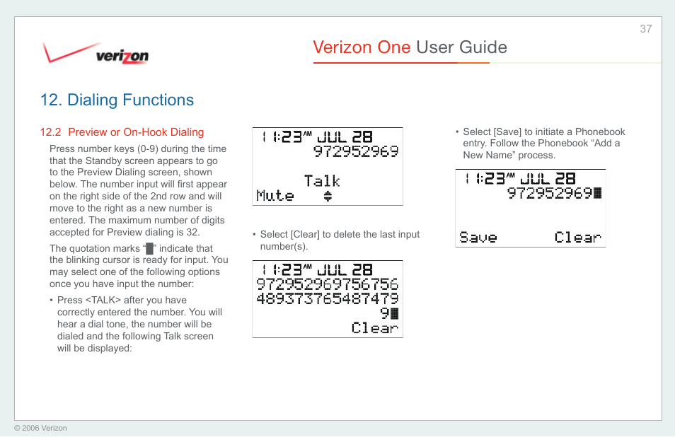 Preview or on-hook dialing, Verizon one user guide, Dialing functions | Verizon One User Manual | Page 37 / 138